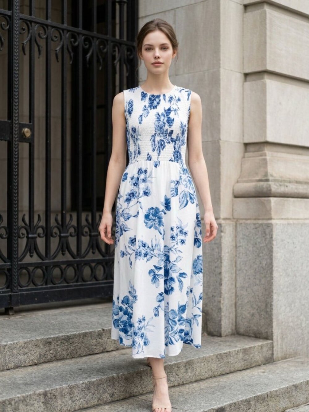 NWT Calvin Klein Blue White Floral Smocked Midi Dress Size 6